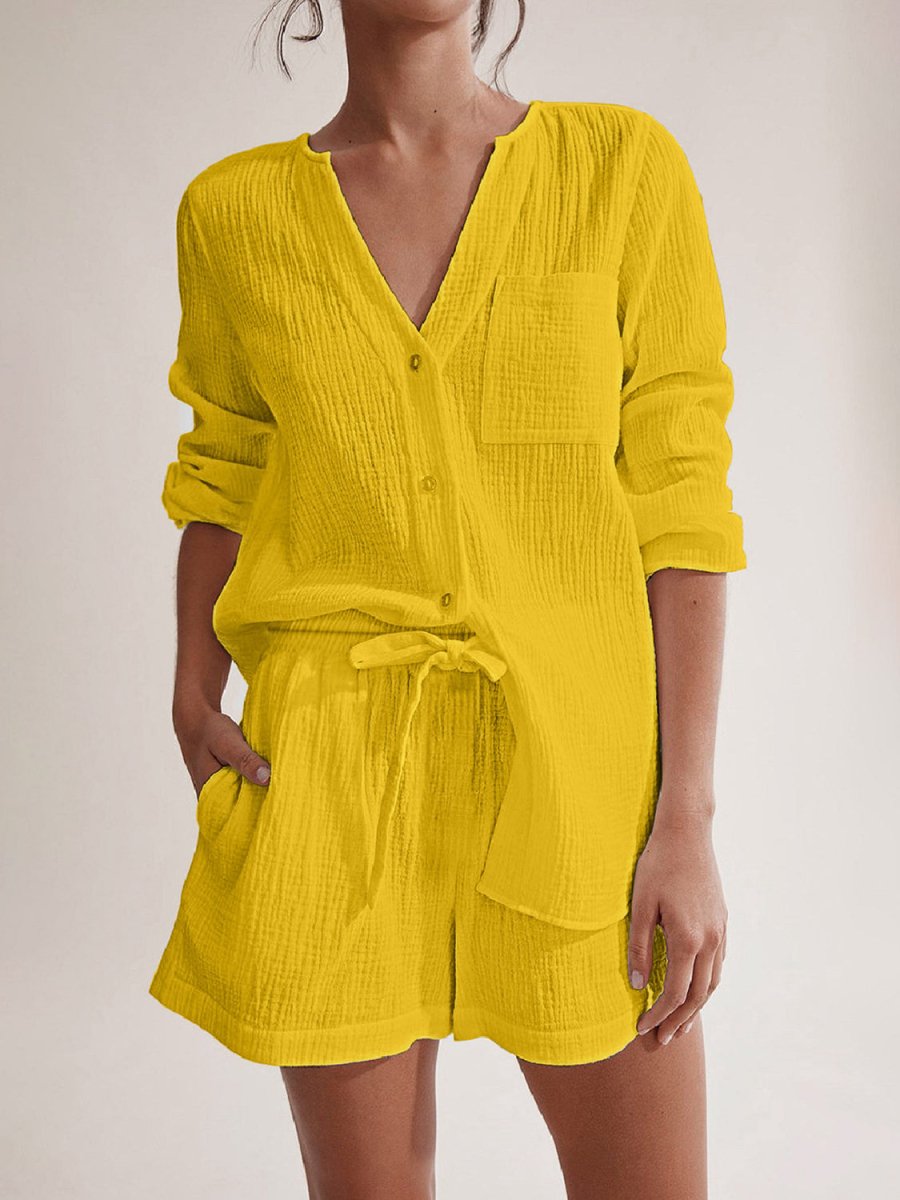 Notched Long Sleeve Top and Shorts Set - AMVIM