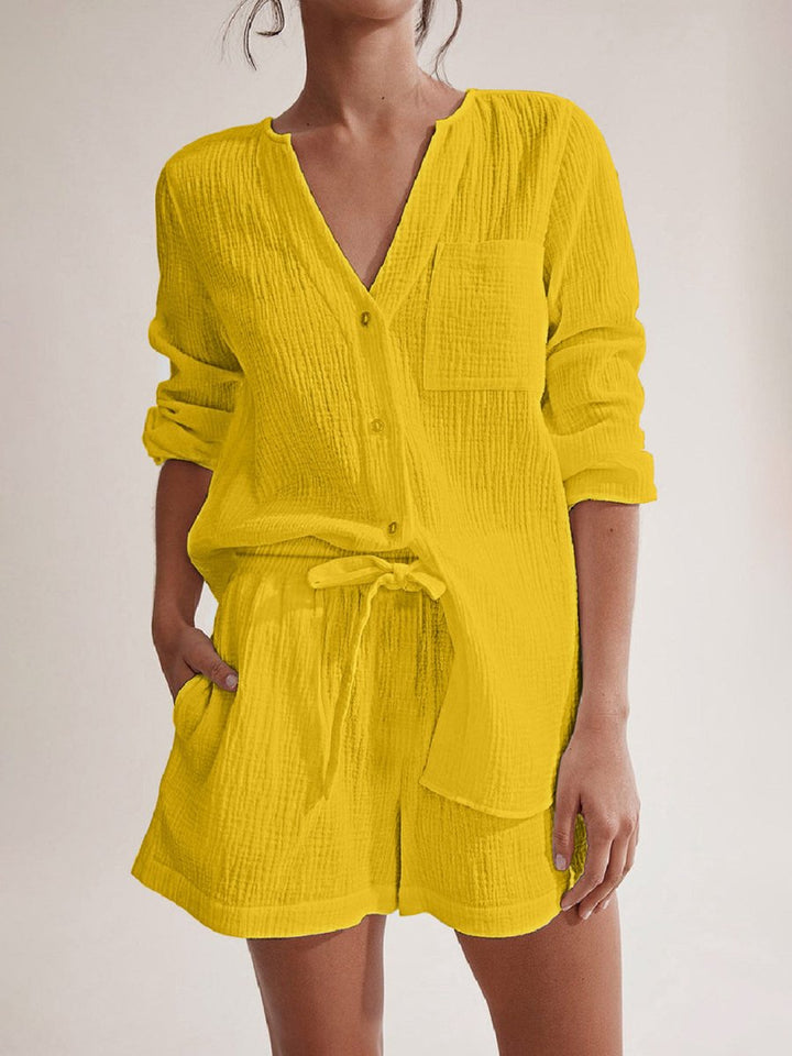 Notched Long Sleeve Top and Shorts Set - AMVIM