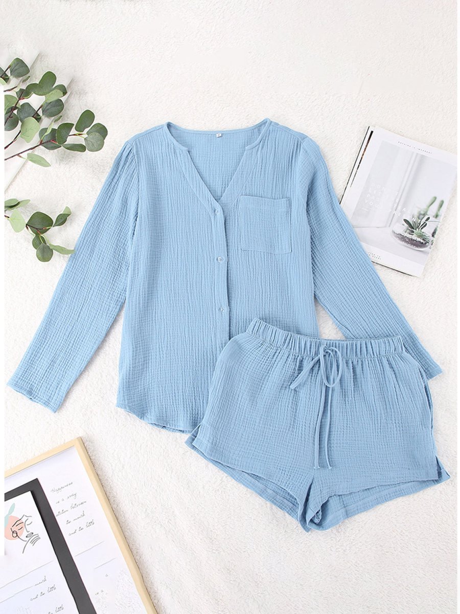 Notched Long Sleeve Top and Shorts Set - AMVIM