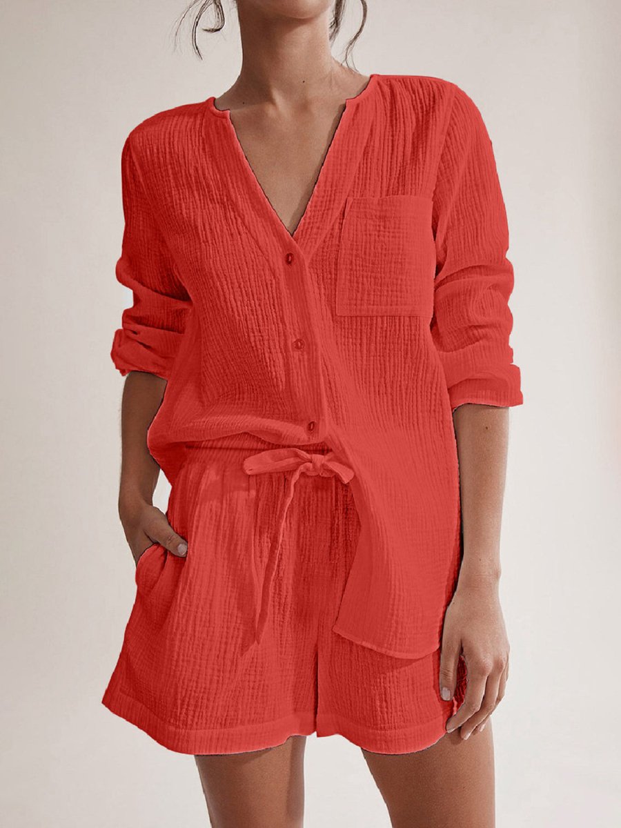 Notched Long Sleeve Top and Shorts Set - AMVIM