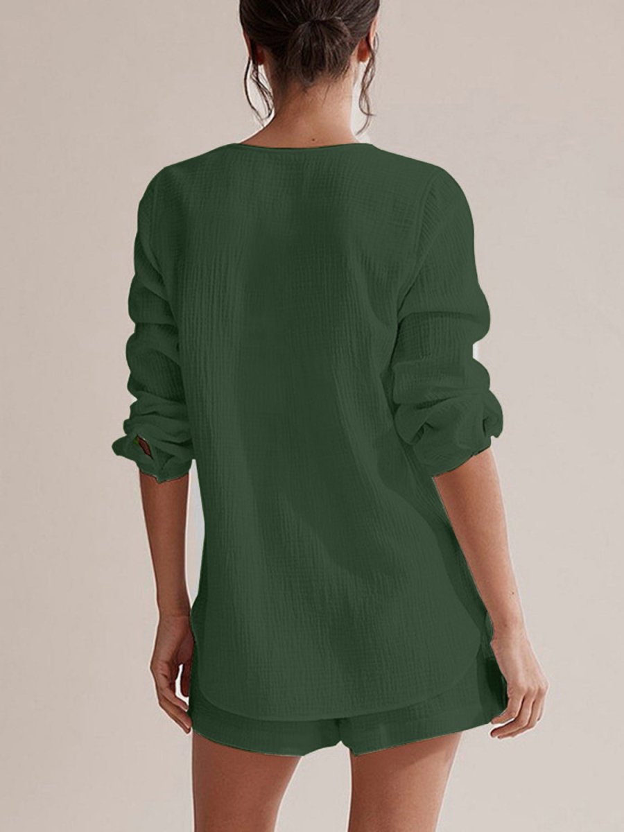 Notched Long Sleeve Top and Shorts Set - AMVIM