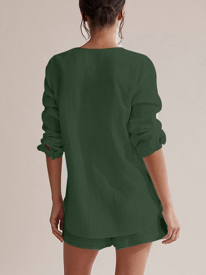 Notched Long Sleeve Top and Shorts Set - AMVIM