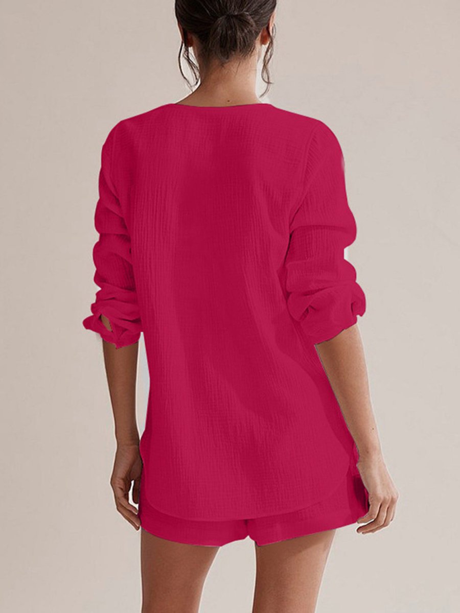 Notched Long Sleeve Top and Shorts Set - AMVIM