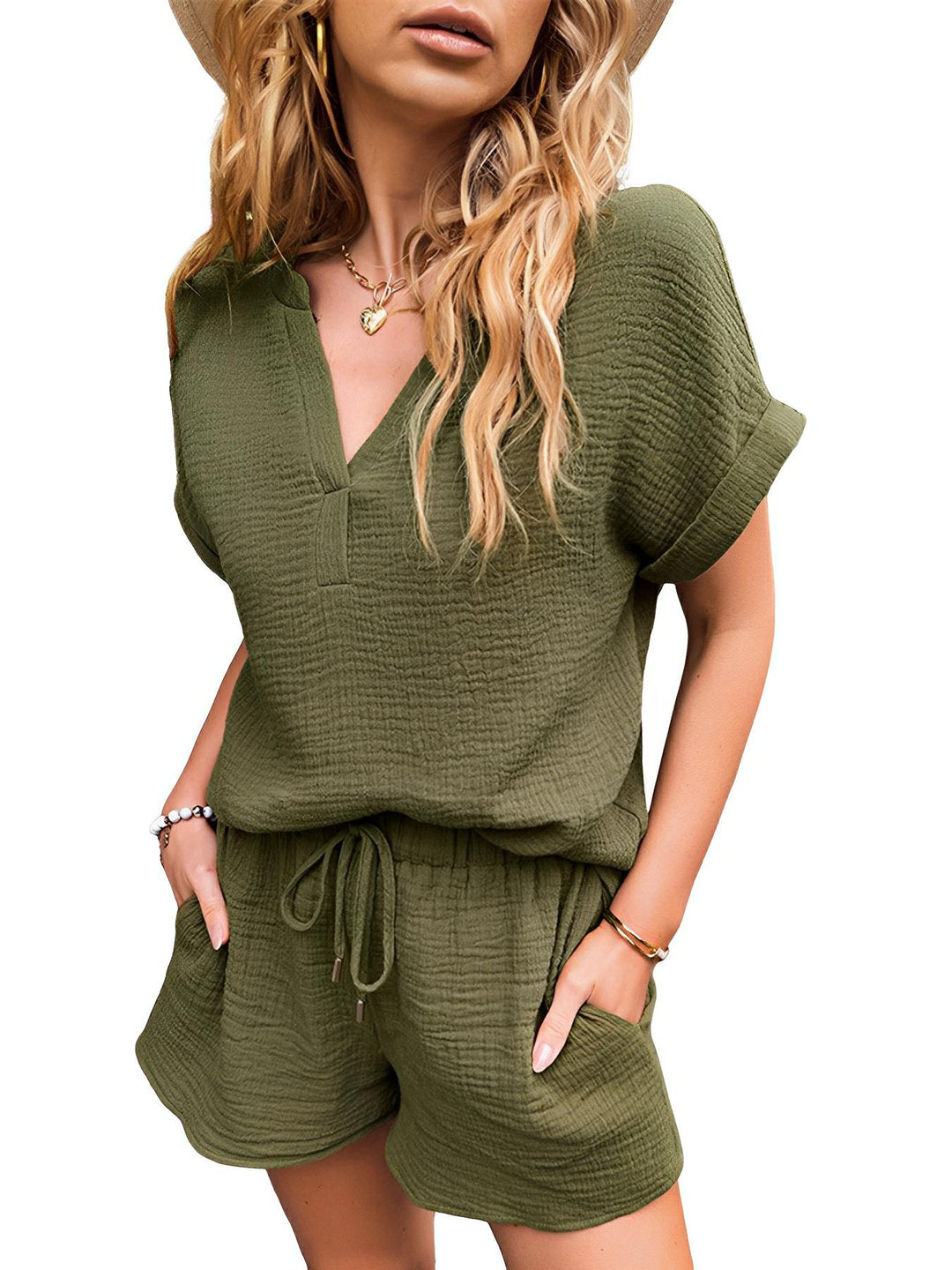 Notched Short Sleeve Top and Shorts Set - AMVIM
