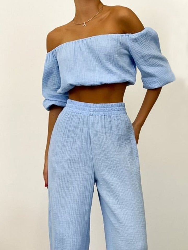 Off Shoulder Long Sleeve Top and Pants Set - AMVIM