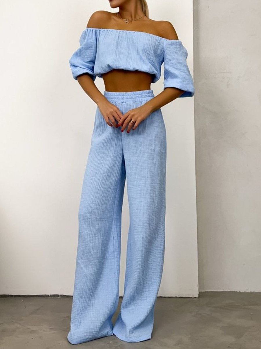 Off Shoulder Long Sleeve Top and Pants Set - AMVIM