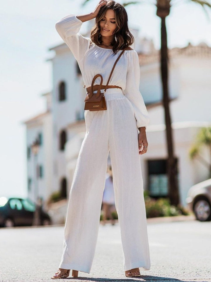 Off Shoulder Long Sleeve Top and Pants Set - AMVIM