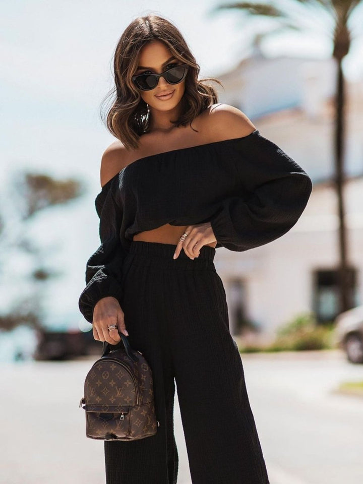 Off Shoulder Long Sleeve Top and Pants Set - AMVIM