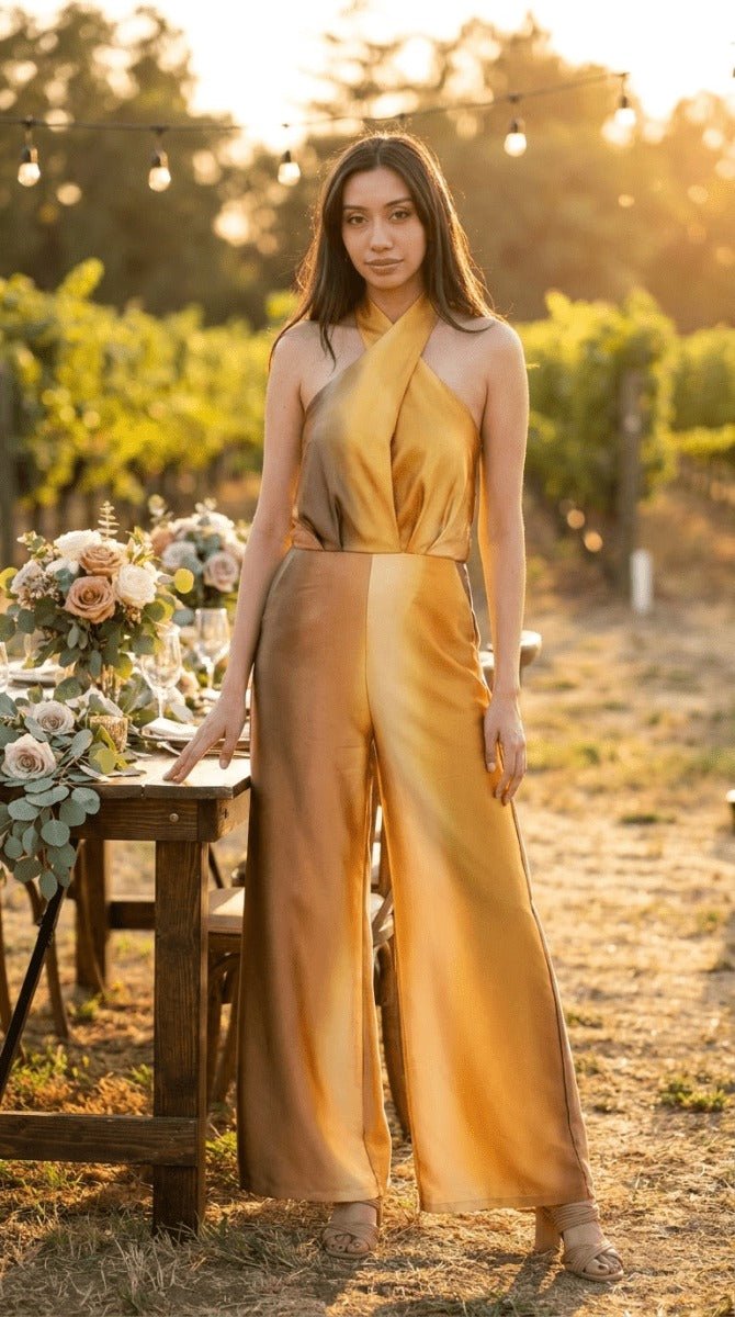 Ombre Satin Halter Neck Convertible Jumpsuit - Wide Leg Women&