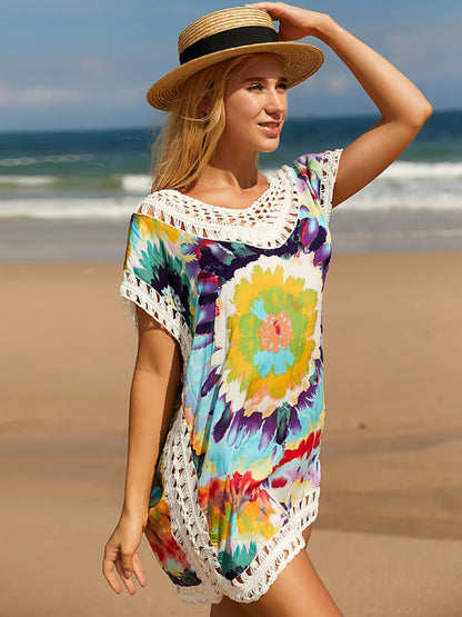 Openwork Printed Round Neck Cover Up - AMVIM