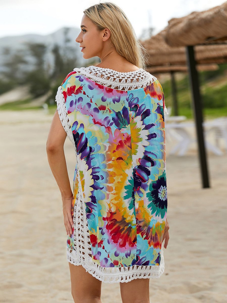 Openwork Printed Round Neck Cover Up - AMVIM