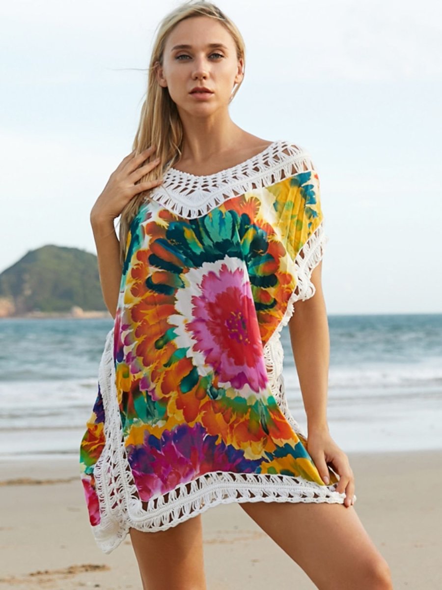 Openwork Printed Round Neck Cover Up - AMVIM