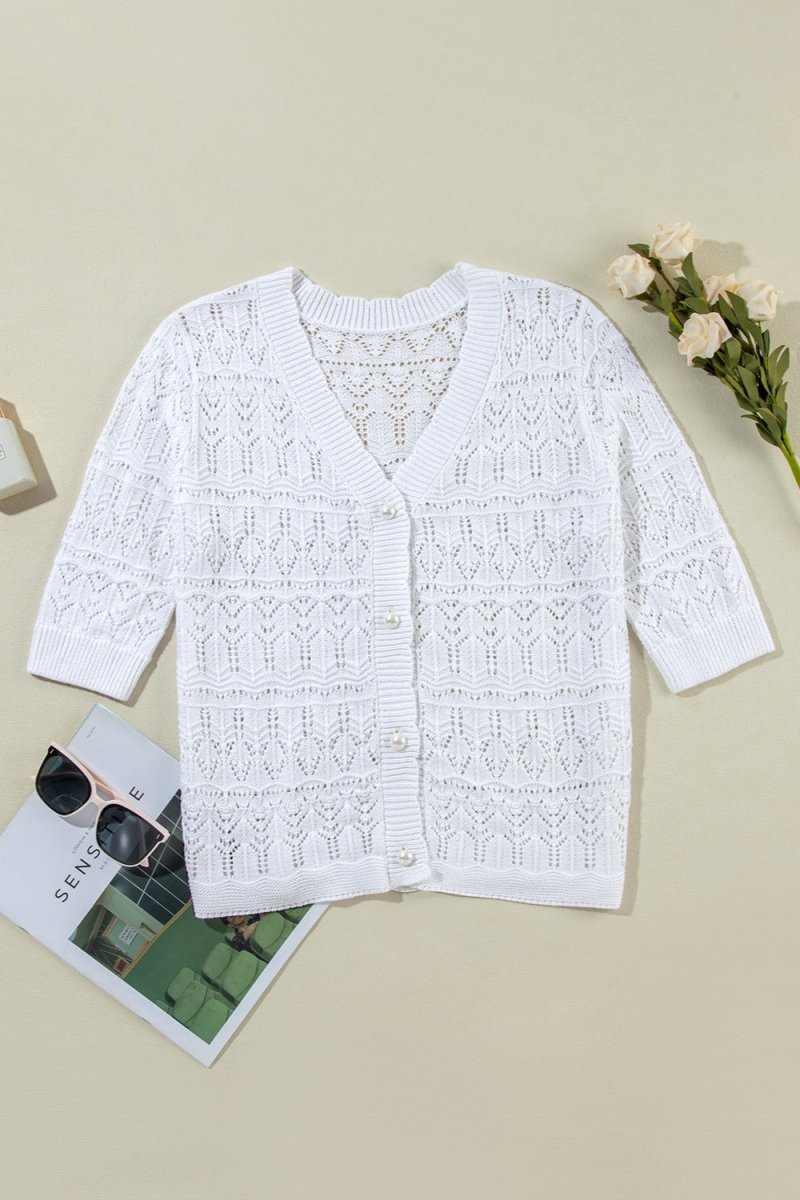 Openwork V - Neck Half Sleeve Cardigan - AMVIM