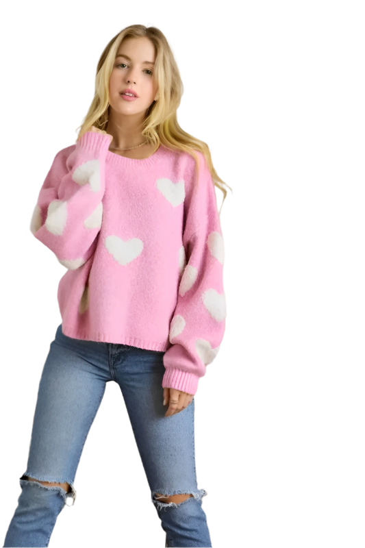 Oversized Heart Pattern Knit Sweater Top – Casual Fit - AMVIM