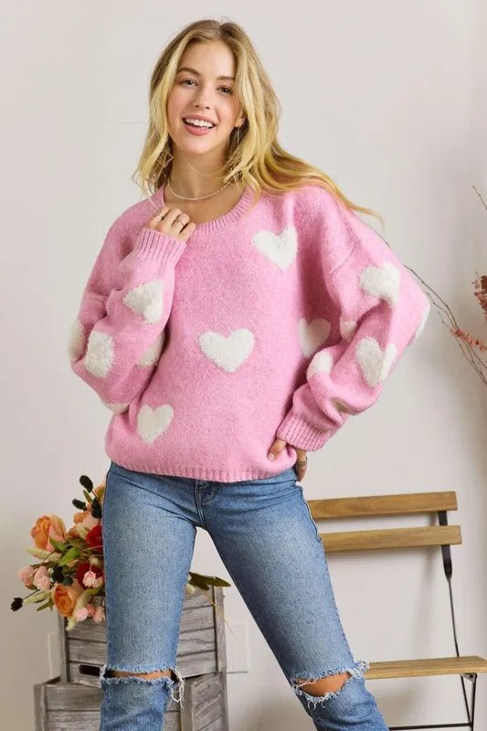 Oversized Heart Pattern Knit Sweater Top – Casual Fit - AMVIM