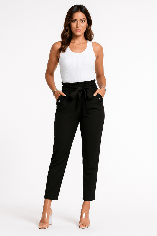 Pants Black Stretch‑Blend High‑Waist Tailored Tapered - AMVIM