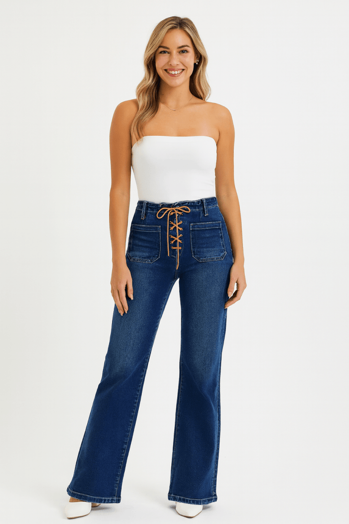 Pants Dark High Rise Wide Leg Front Tie Detail Denim - AMVIM