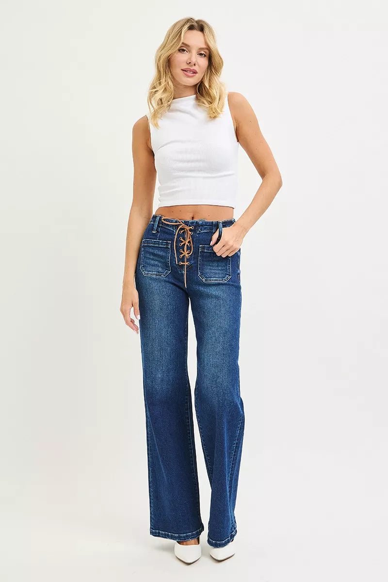 Pants Dark High Rise Wide Leg Front Tie Detail Denim - AMVIM