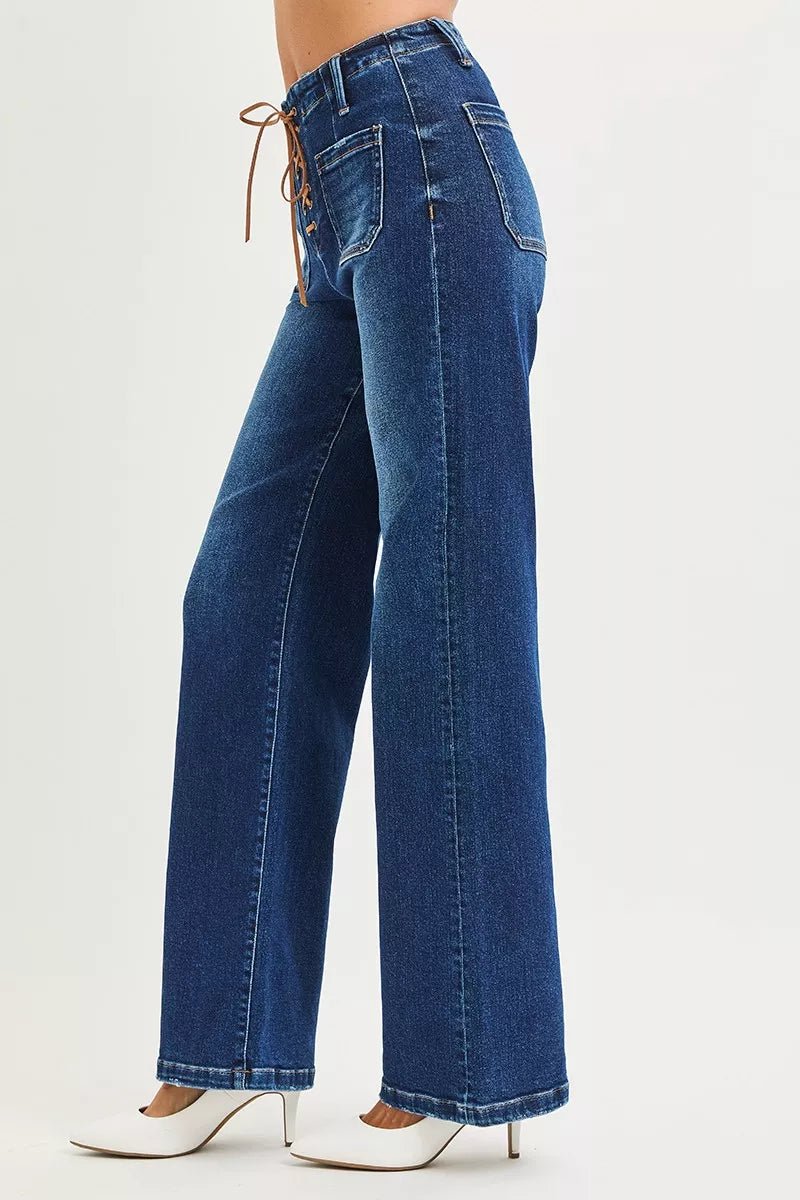 Pants Dark High Rise Wide Leg Front Tie Detail Denim - AMVIM