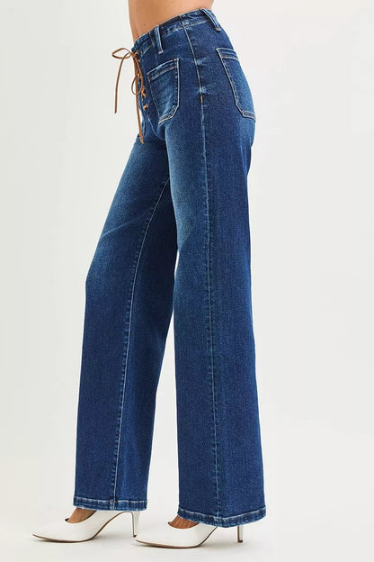 Pants Dark High Rise Wide Leg Front Tie Detail Denim - AMVIM