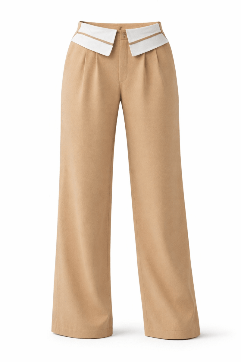 Pants Fold - Over Khaki Polyester Wide - Leg - AMVIM