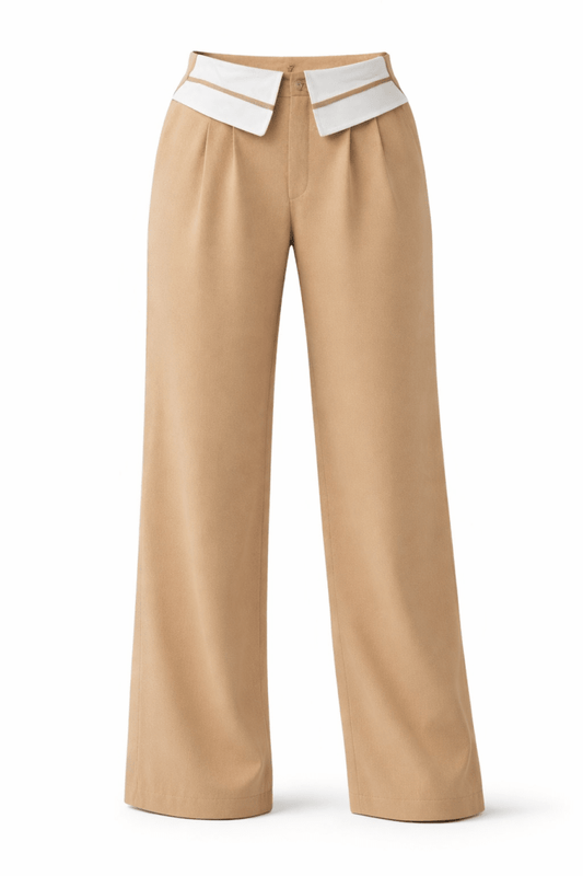 Pants Fold - Over Khaki Polyester Wide - Leg - AMVIM