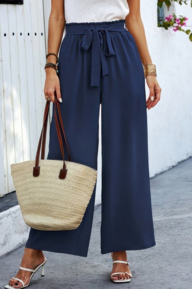 Pants wide leg elastic waist belted with pockets for travel - AMVIM