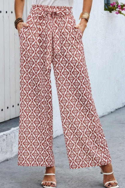 Pants wide leg elastic waist belted with pockets for travel - AMVIM