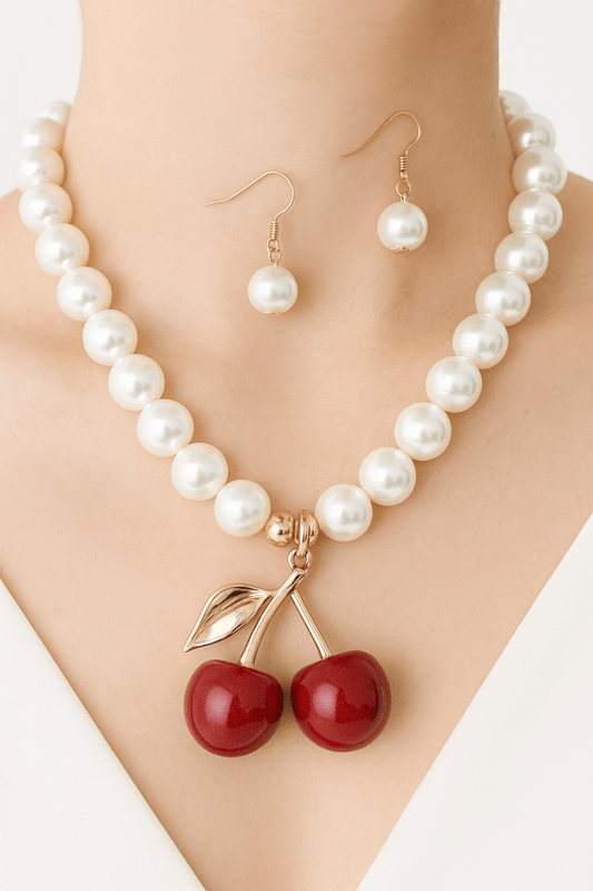 Pearl Cherry Pendant Necklace Set Vintage Style - AMVIM