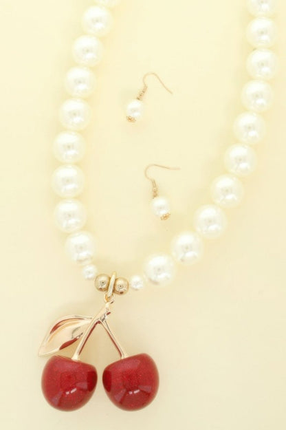 Pearl Cherry Pendant Necklace Set Vintage Style - AMVIM