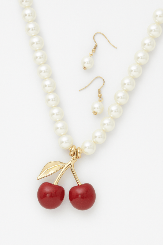 Pearl Cherry Pendant Necklace Set Vintage Style - AMVIM