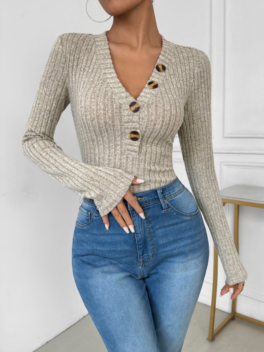 Perfee V - Neck Long Sleeve Bodysuit - AMVIM