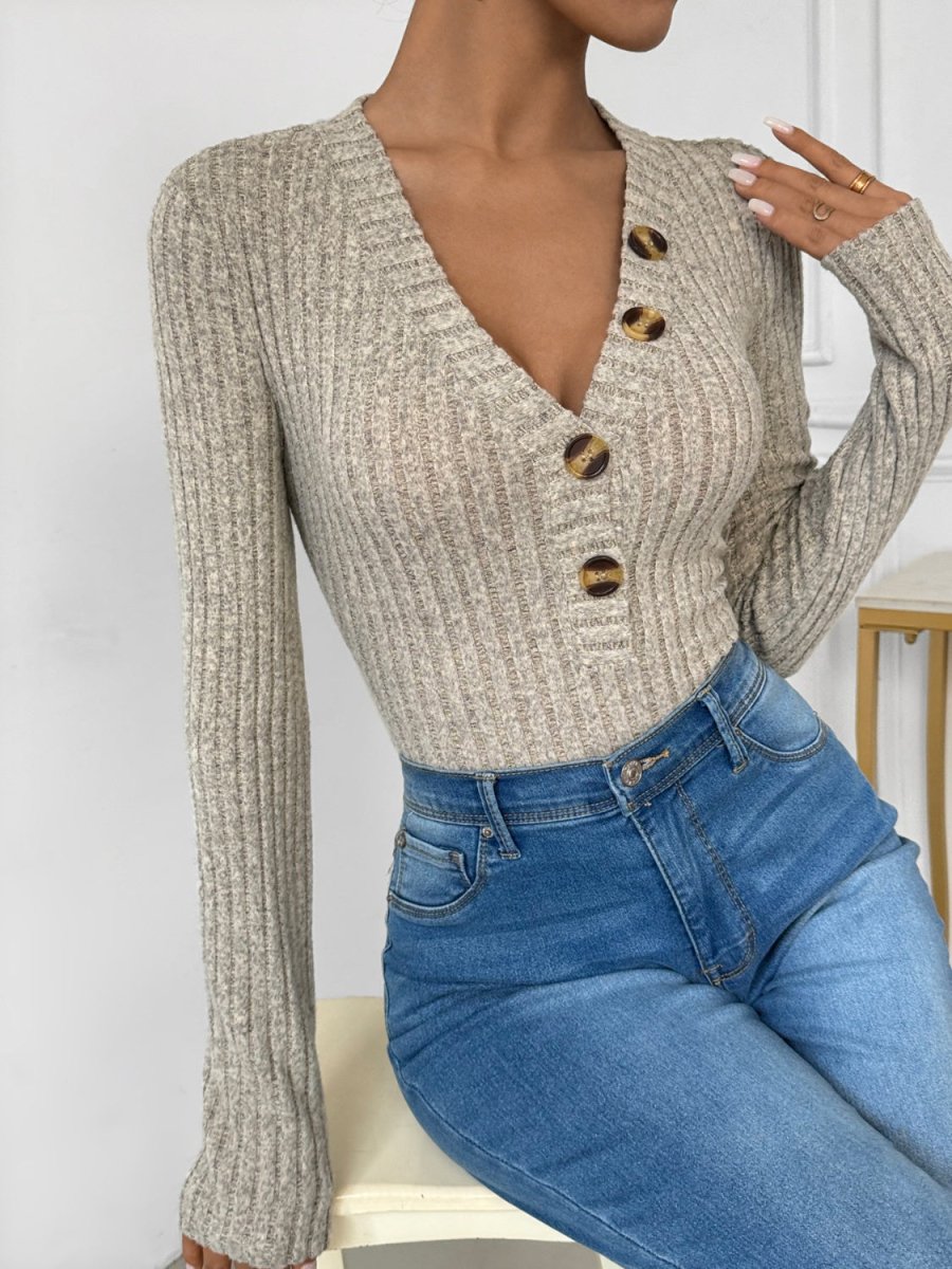 Perfee V - Neck Long Sleeve Bodysuit - AMVIM