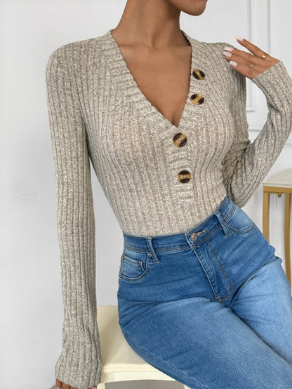 Perfee V - Neck Long Sleeve Bodysuit - AMVIM