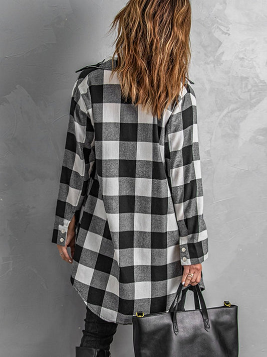 Plaid Snap Down Long Sleeve Jacket - AMVIM