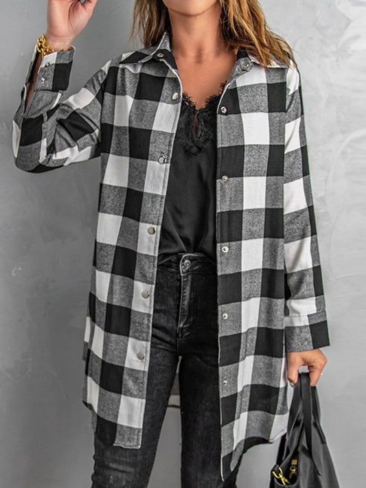 Plaid Snap Down Long Sleeve Jacket - AMVIM