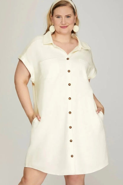 Plus Size Button Down Washed Twill Shirt Dress with Cuffed Sleeves - AMVIM