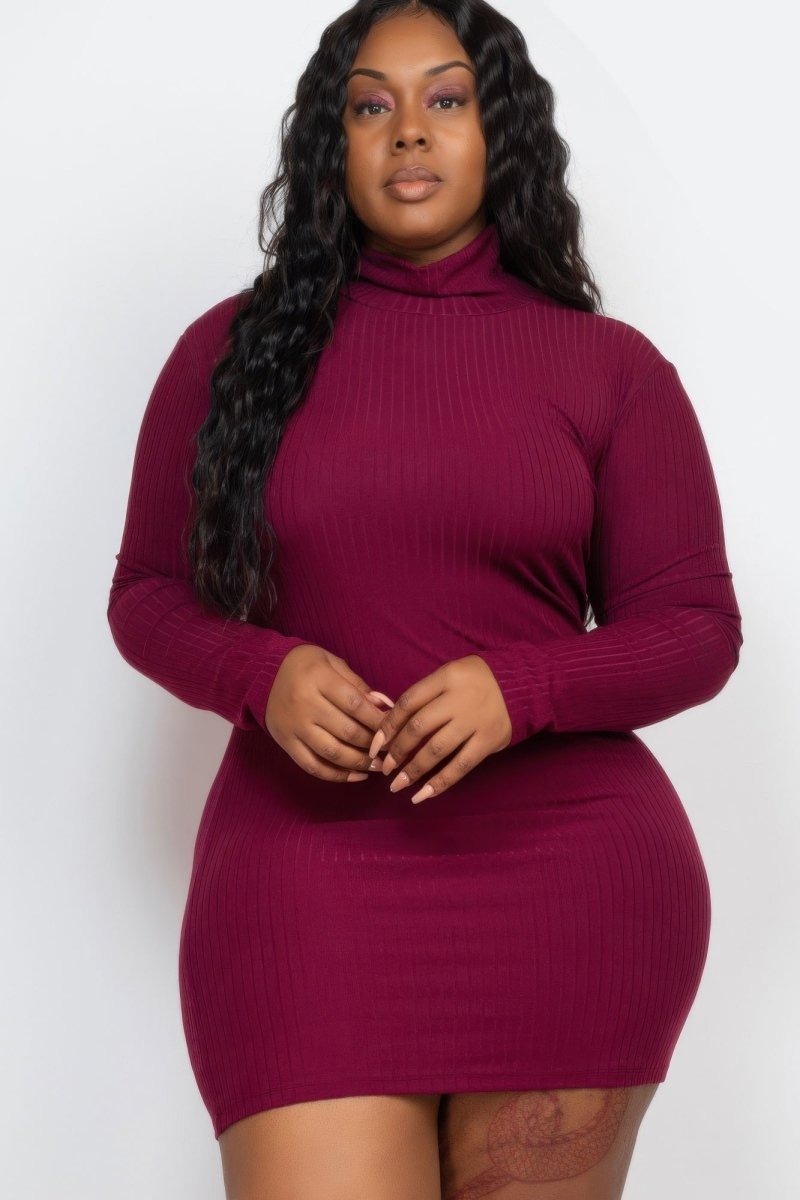 Plus Size Ribbed Long Sleeve Mock Neck Mini Bodycon Dress - AMVIM