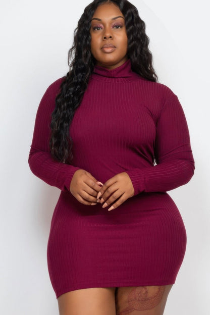 Plus Size Ribbed Long Sleeve Mock Neck Mini Bodycon Dress - AMVIM