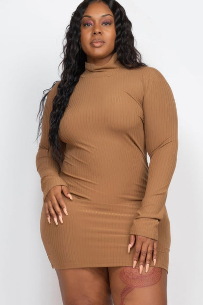 Plus Size Ribbed Long Sleeve Mock Neck Mini Bodycon Dress - AMVIM