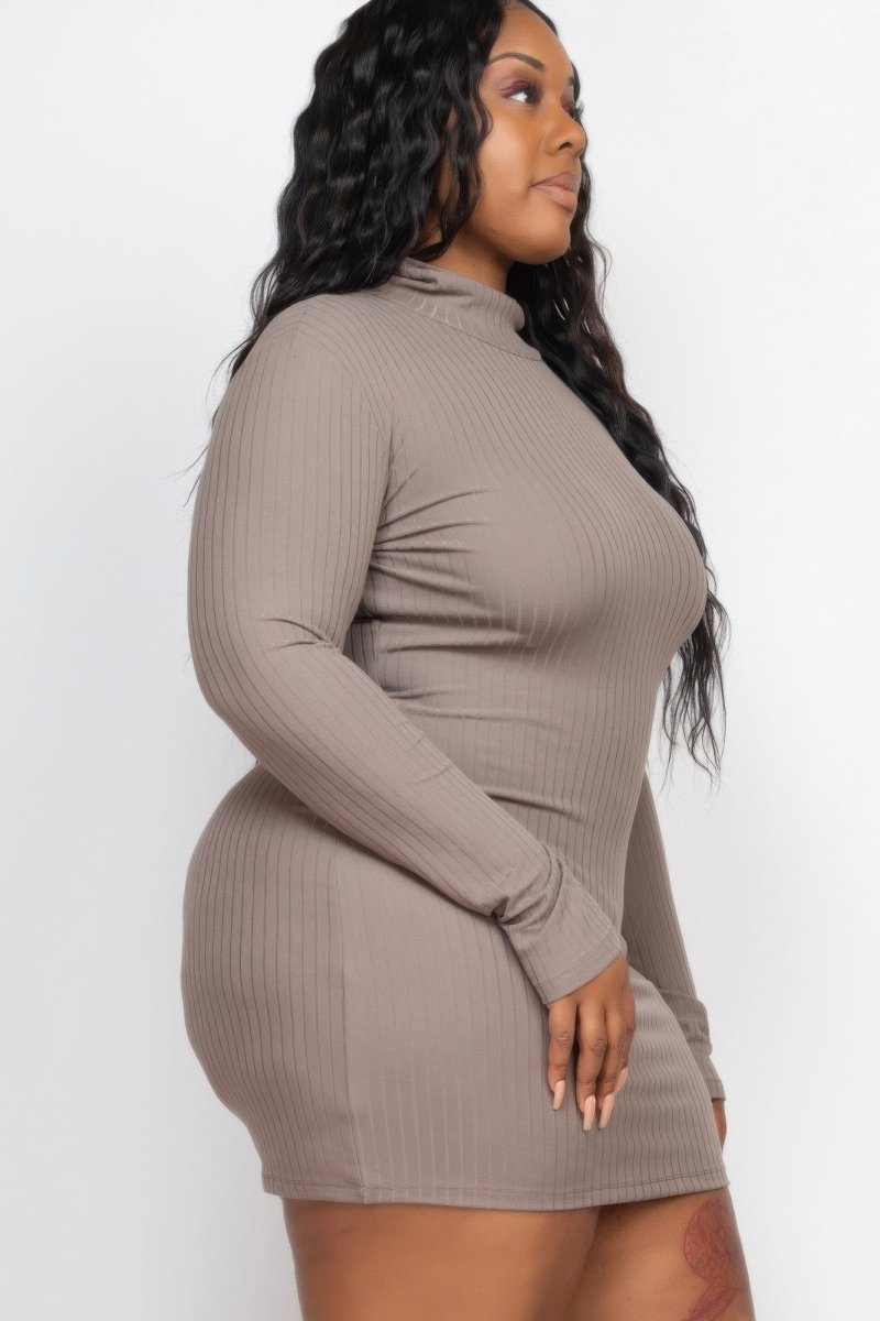 Plus Size Ribbed Long Sleeve Mock Neck Mini Bodycon Dress - AMVIM