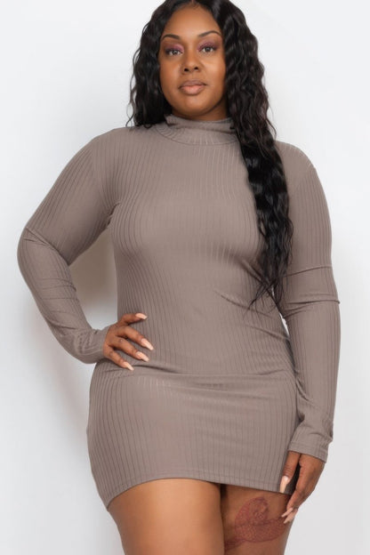 Plus Size Ribbed Long Sleeve Mock Neck Mini Bodycon Dress - AMVIM