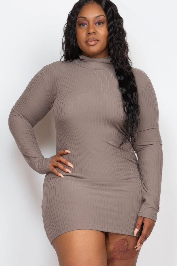 Plus Size Ribbed Long Sleeve Mock Neck Mini Bodycon Dress - AMVIM