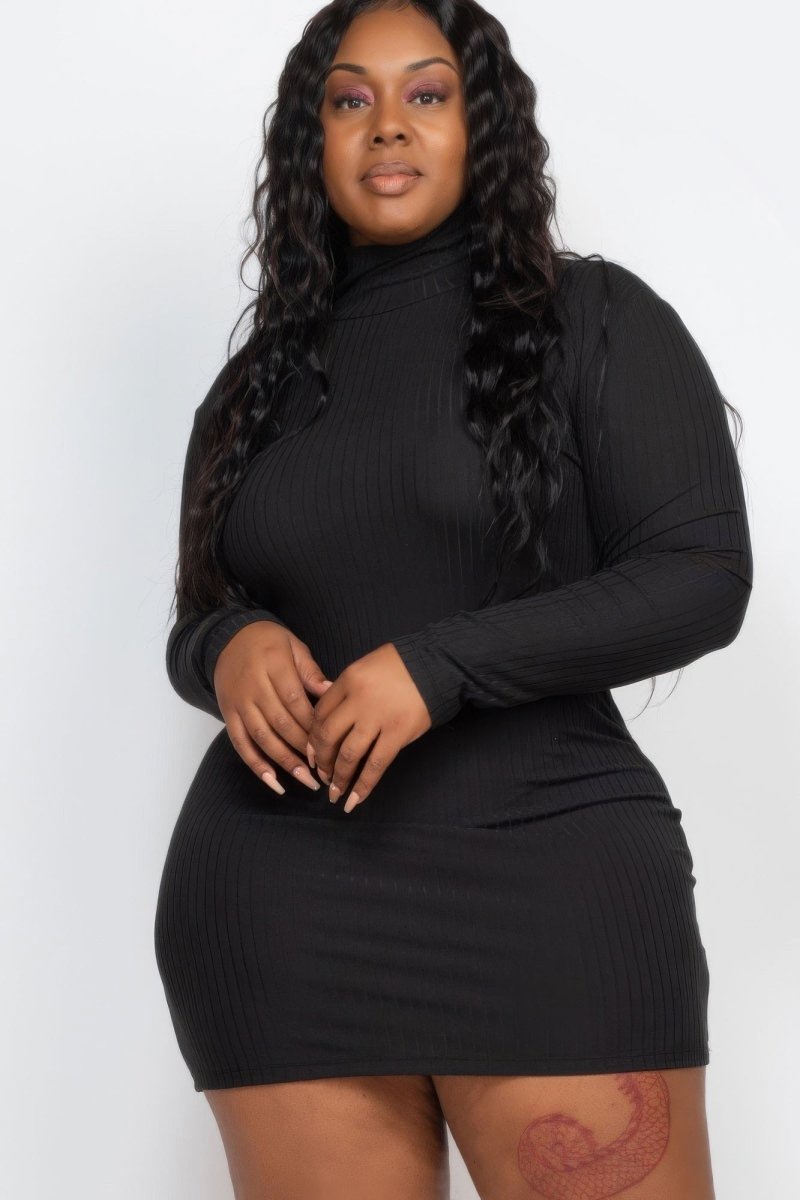 Plus Size Ribbed Long Sleeve Mock Neck Mini Bodycon Dress - AMVIM