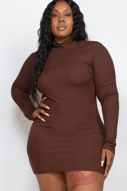 Plus Size Ribbed Long Sleeve Mock Neck Mini Bodycon Dress - AMVIM