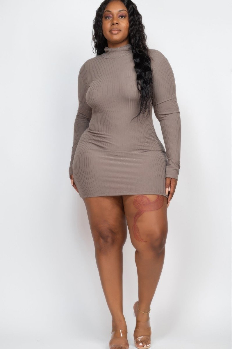 Plus Size Ribbed Long Sleeve Mock Neck Mini Bodycon Dress - AMVIM