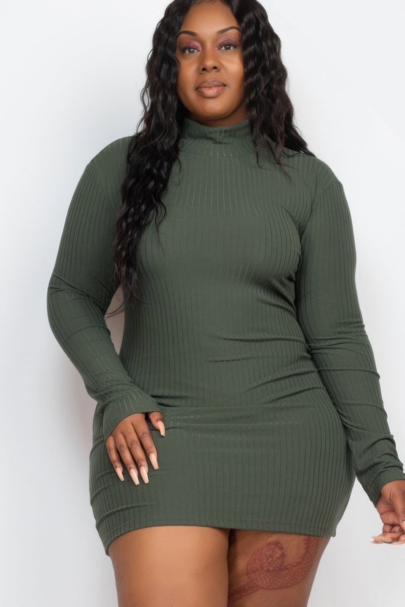 Plus Size Ribbed Long Sleeve Mock Neck Mini Bodycon Dress - AMVIM