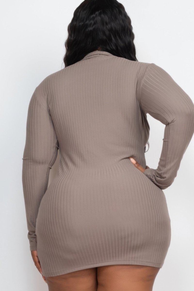 Plus Size Ribbed Long Sleeve Mock Neck Mini Bodycon Dress - AMVIM