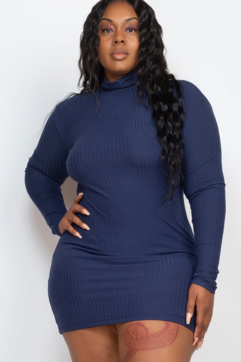 Plus Size Ribbed Long Sleeve Mock Neck Mini Bodycon Dress - AMVIM