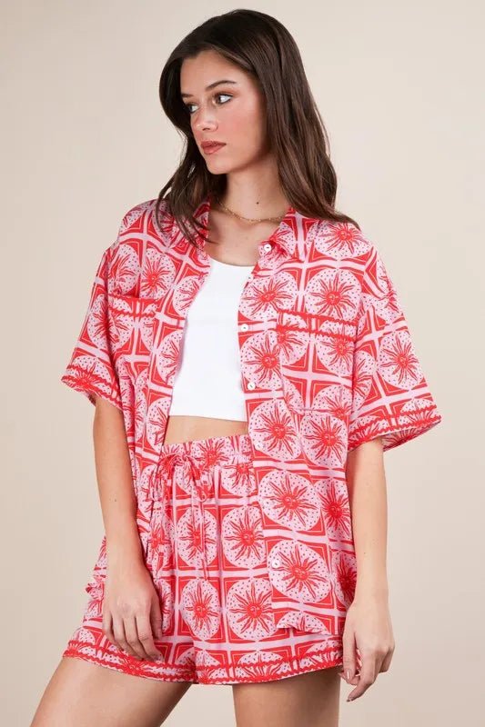 Plus Size Tropical Print Shirt and Shorts Set - AMVIM